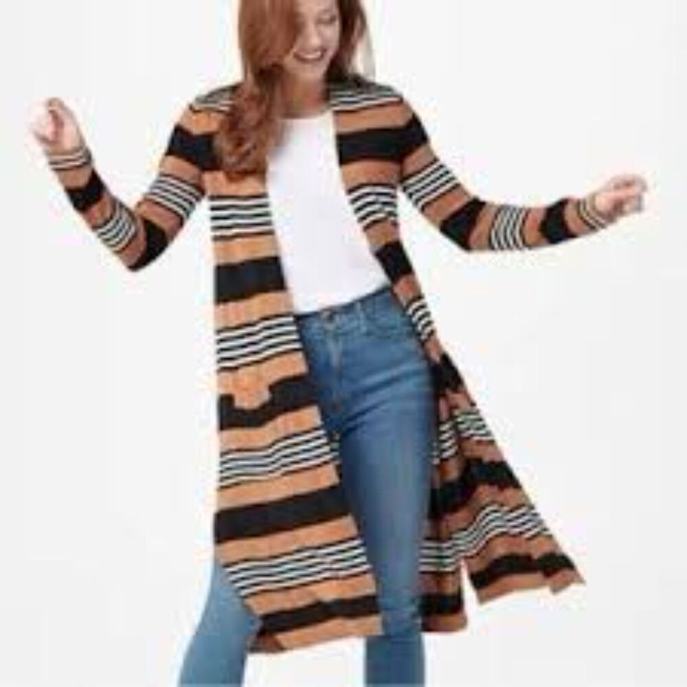 Laurie Felt Brown & Cream Striped Duster Length Cashmere Blend Cardigan size 2X